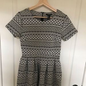 Black and white patterned fit and flare dress